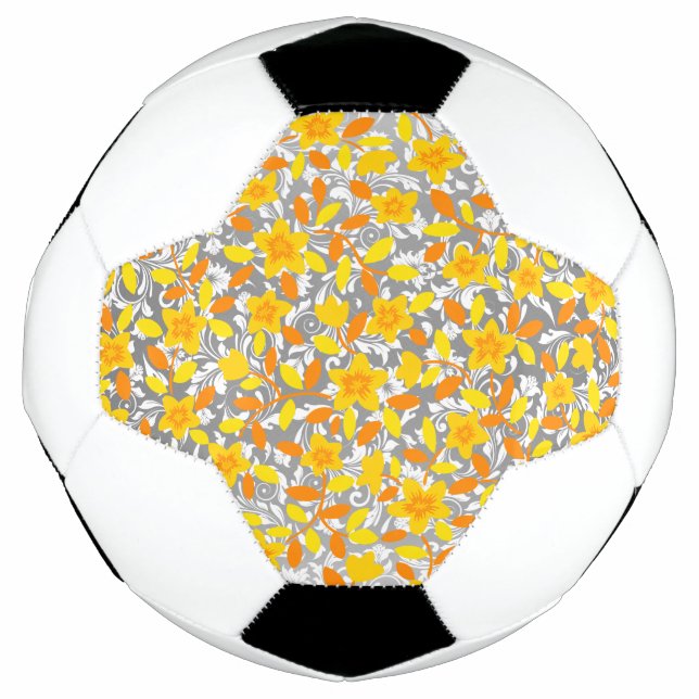 Cute orange yellow white flowers patterns soccer ball (Front)