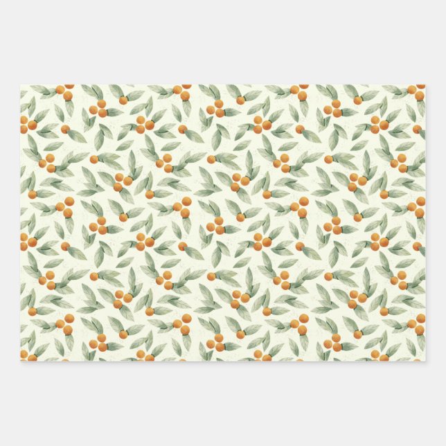 Cute Oranges and Green Leaves Pattern Wrapping Paper Sheet (Front)