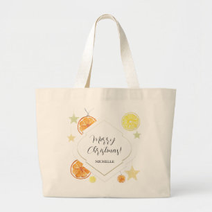 Cute Oranges and Stars On Beige Large Tote Bag