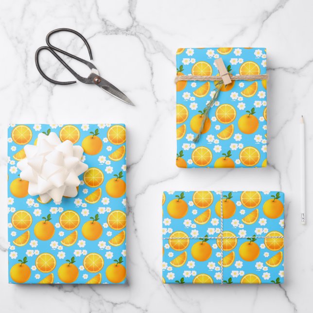 Cute oranges and White Flowers Wrapping Paper Sheet (Front)
