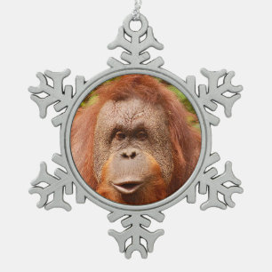 Cute orangutan face snowflake pewter christmas ornament