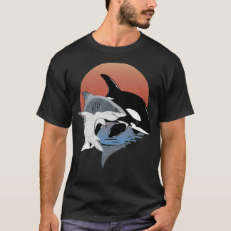 Cute Orca Whale and Shark on sunset  T-Shirt