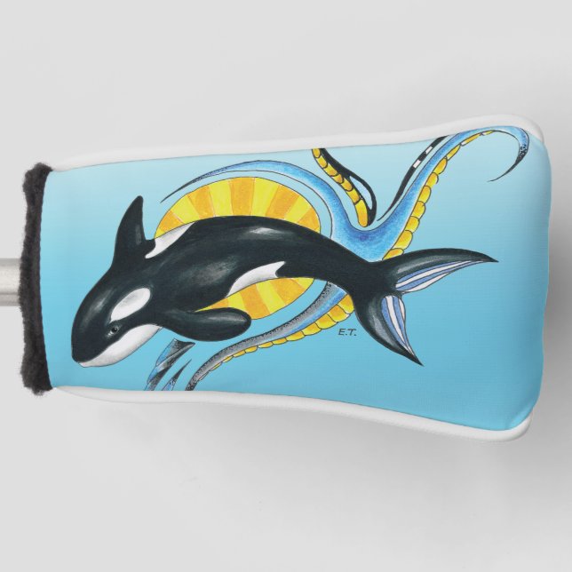 Cute Orca Whale Blue Swirls Golf Head Cover (Front)