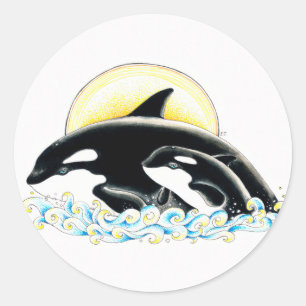 Cute Orca whale Family ink art Classic Round Sticker
