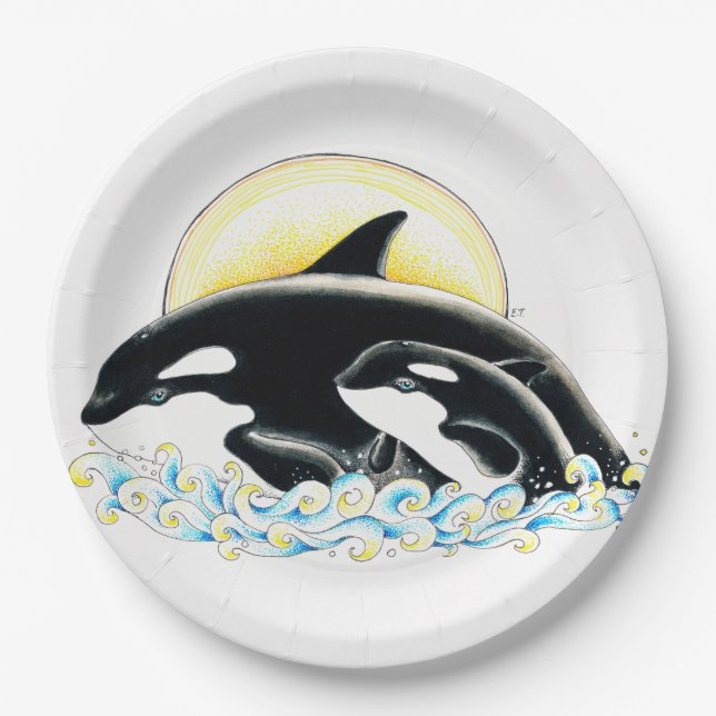 Cute Orca whale Family ink art Paper Plate (Front)