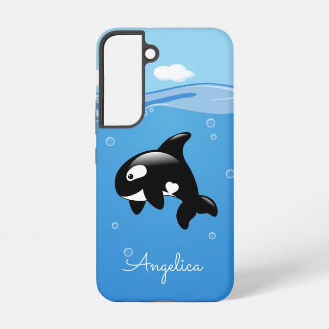 Cute Orca Whale in Ocean with Custom Name Samsung Galaxy S22 Case (Back)