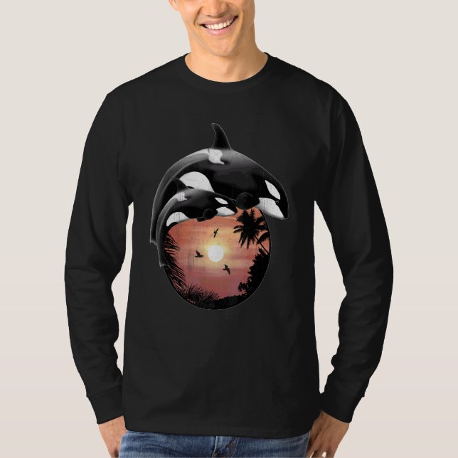Cute Orca Whales Samoa Polynesia Style Sunset T-Shirt (Front)