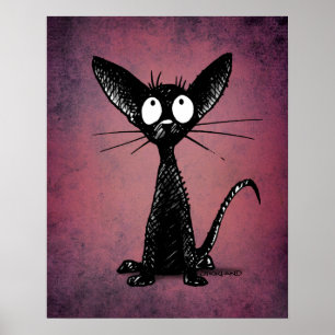 Cute Oriental Black Cat Art on Gothic Purple Poster