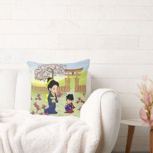 Cute oriental Mother and Daughter Throw Pillow