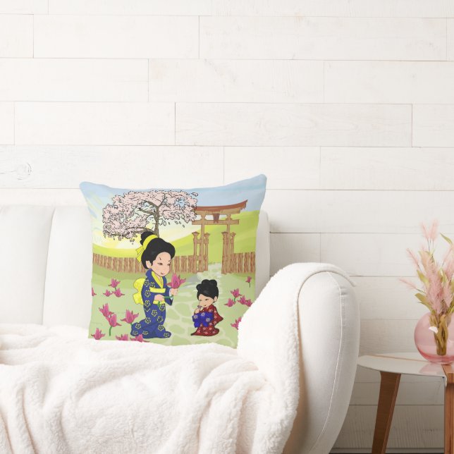 Cute oriental Mother and Daughter Throw Pillow (Couch)