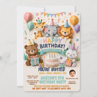 Cute Origami Animal Birthday Invitation 