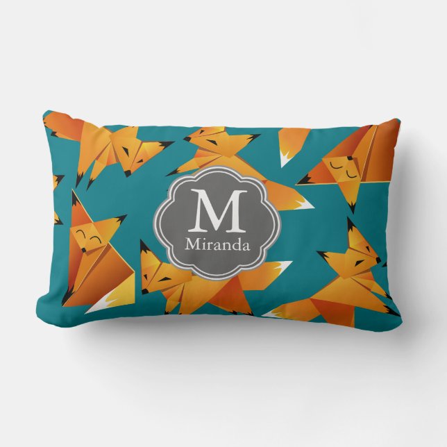 Cute Origami Foxes Monogram Lumbar Pillow (Front)