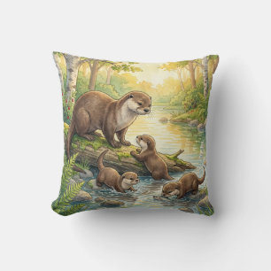 Cute Otter And Babies River and Lake Animals Throw Pillow