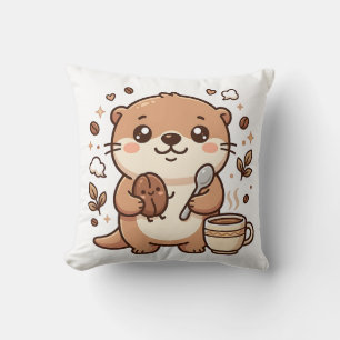 Cute Otter Bean & Spoon Kawaii Coffee Decorative P Throw Pillow