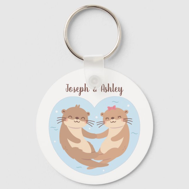 Cute Otter Couple Holding Hands Personalized Keychain (Front)