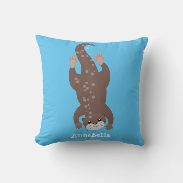 Cute otter diving cartoon illustration throw pillow (Front)