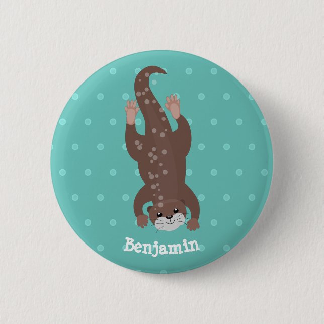 Cute otter diving on teal cartoon illustration 2 inch round button (Front)