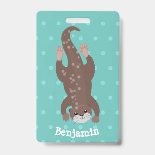 Cute otter diving on teal cartoon illustration badge
