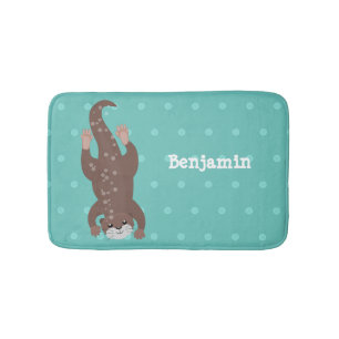 Cute otter diving on teal cartoon illustration bath mat