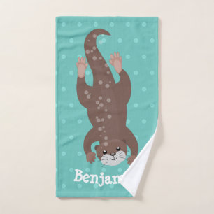 Cute otter diving on teal cartoon illustration bath towel set
