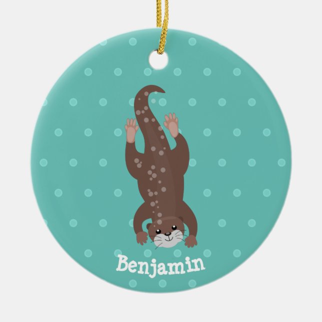 Cute otter diving on teal cartoon illustration ceramic ornament (Front)