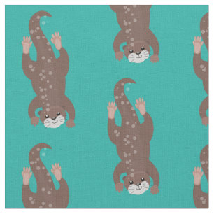 Cute otter diving on teal cartoon illustration fabric