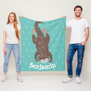 Cute otter diving on teal cartoon illustration fleece blanket