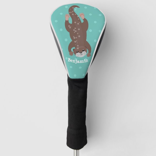 Cute otter diving on teal cartoon illustration golf head cover (Front)
