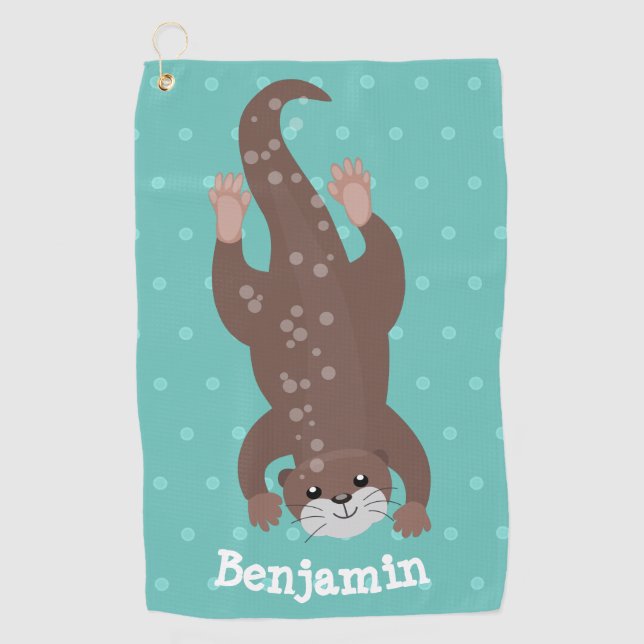 Cute otter diving on teal cartoon illustration  golf towel (Front)