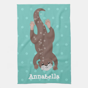 Cute otter diving on teal cartoon illustration kitchen towel