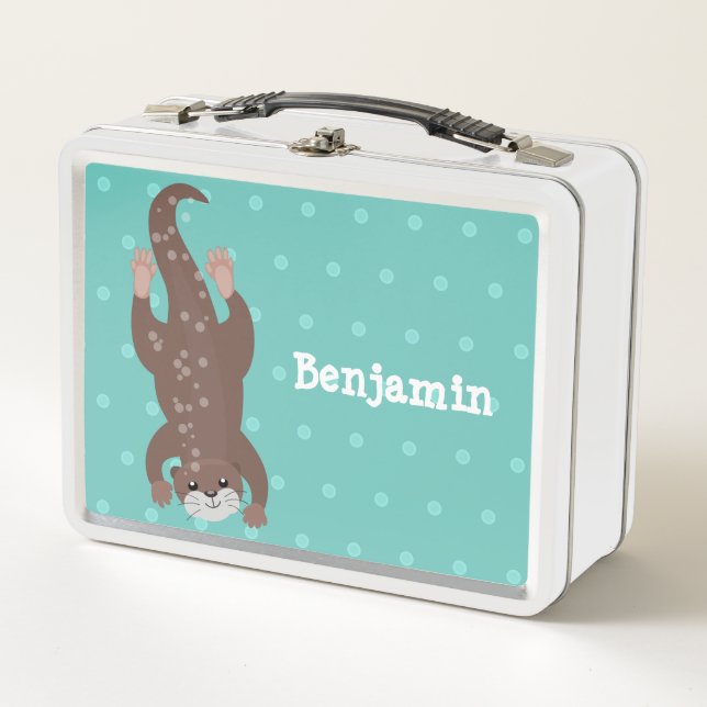 Cute otter diving on teal cartoon illustration metal lunch box (Front)