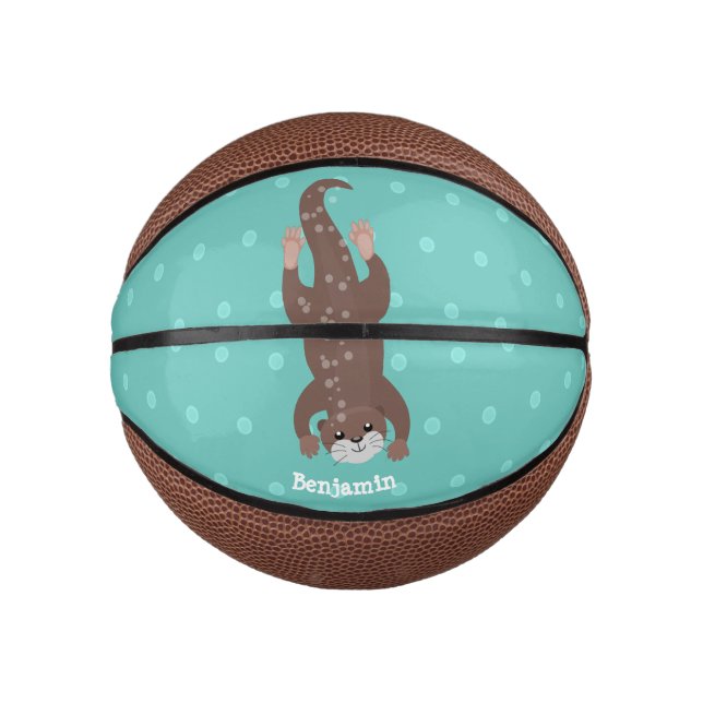 Cute otter diving on teal cartoon illustration mini basketball (Front)