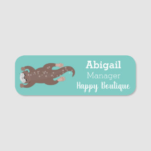 Cute otter diving on teal cartoon illustration name tag