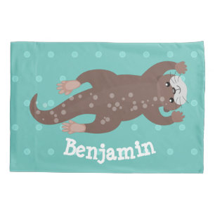 Cute otter diving on teal cartoon illustration pillowcase
