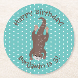 Cute otter diving on teal cartoon illustration round paper coaster