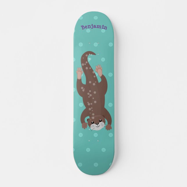 Cute otter diving on teal cartoon illustration skateboard (Front)