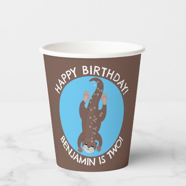 Cute otter diving personalized cartoon birthday paper cups (Front)