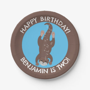 Cute otter diving personalized cartoon birthday paper plate