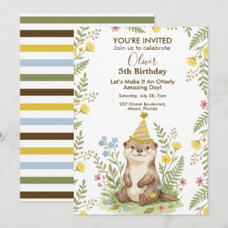 Cute Otter Floral Woodland Personalized Birthday Invitation