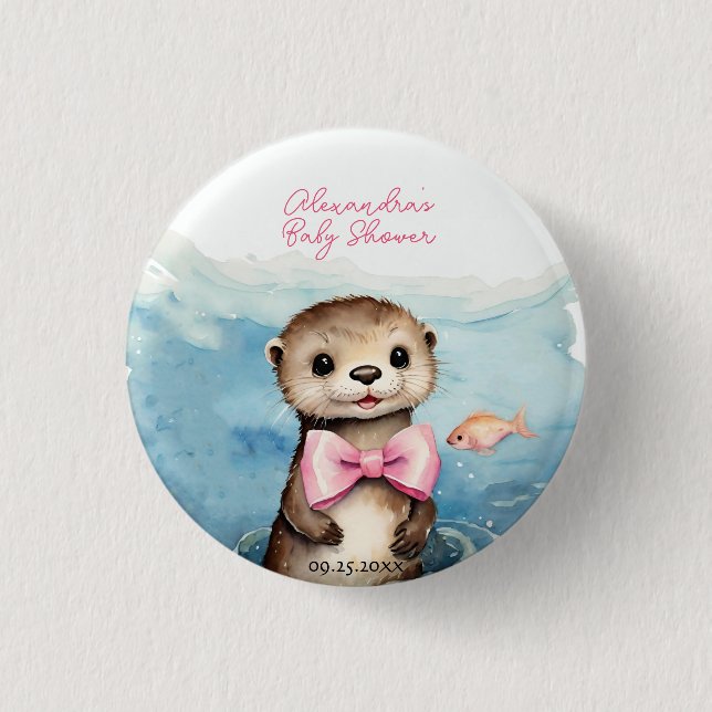 Cute Otter Girl Baby Shower 1 Inch Round Button (Front)