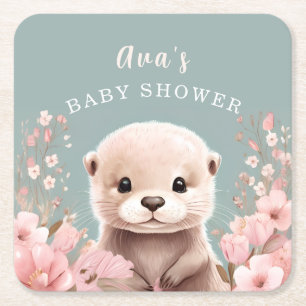 Cute Otter Girl Baby Shower Sage & Pink Floral Square Paper Coaster