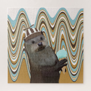 Cute Otter Holding Ice-cream On Swirl Background Jigsaw Puzzle