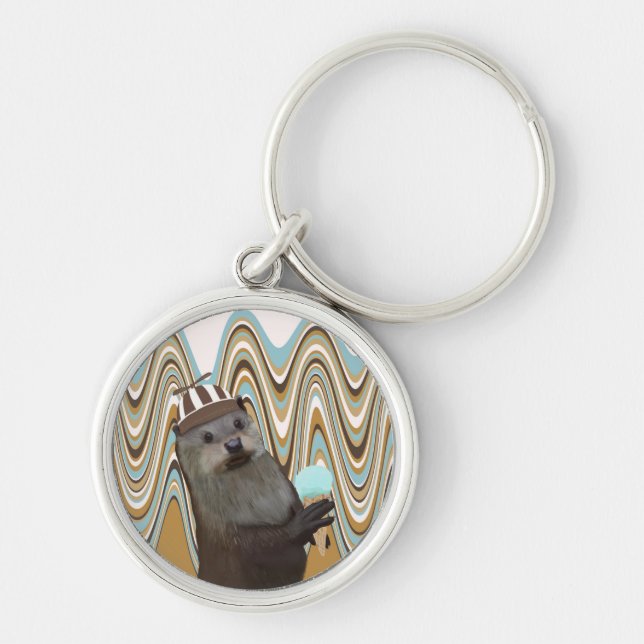 Cute Otter Holding Ice-cream On Swirl Background Keychain (Front)