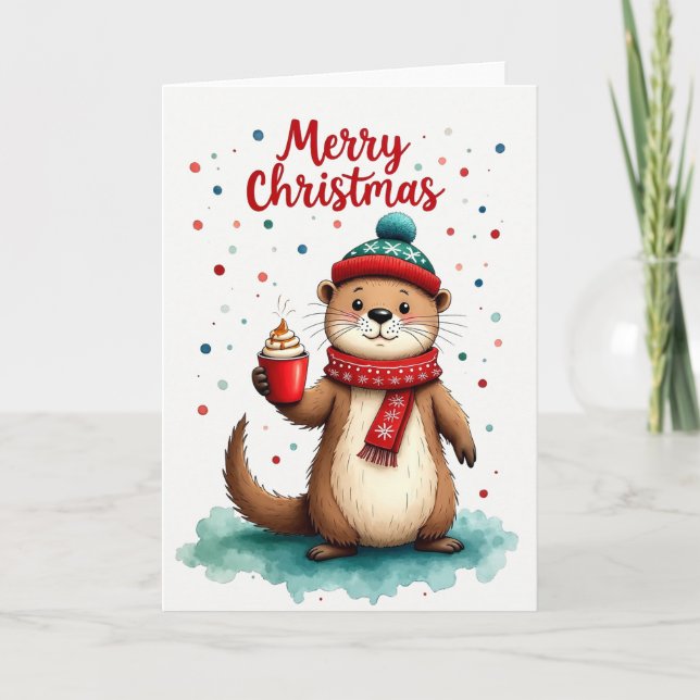 Cute Otter Hot Cocaca Joyer Noël Carte de Noël (Devant)