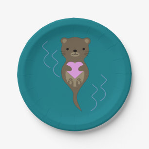 Cute Otter Hugging a Pink Heart Paper Plate