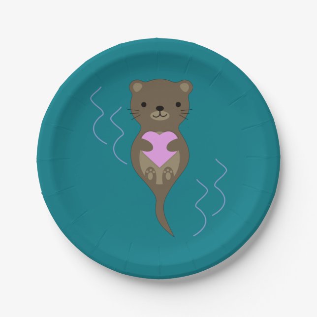 Cute Otter Hugging a Pink Heart Paper Plate (Front)