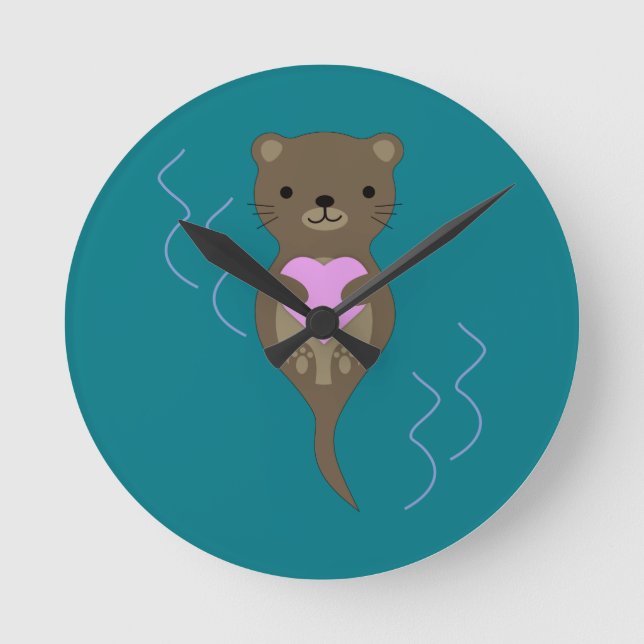 Cute Otter Hugging a Pink Heart Round Clock (Front)