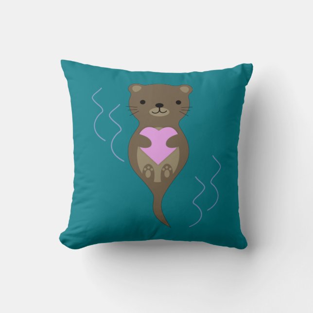 Cute Otter Hugging a Pink Heart Throw Pillow (Front)