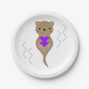 Cute Otter Hugging a Purple Heart Paper Plate