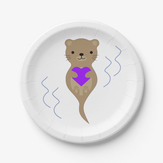 Cute Otter Hugging a Purple Heart Paper Plate (Front)